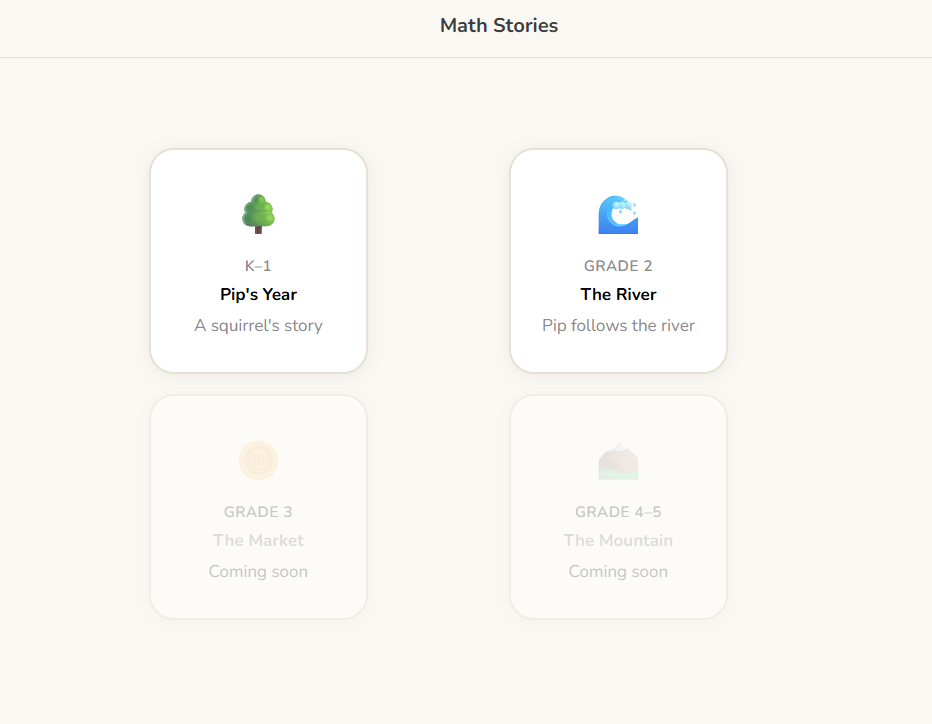 SeedSpark Math Stories: Pip's Year (K-1) and The River (Grade 2) book selection screen