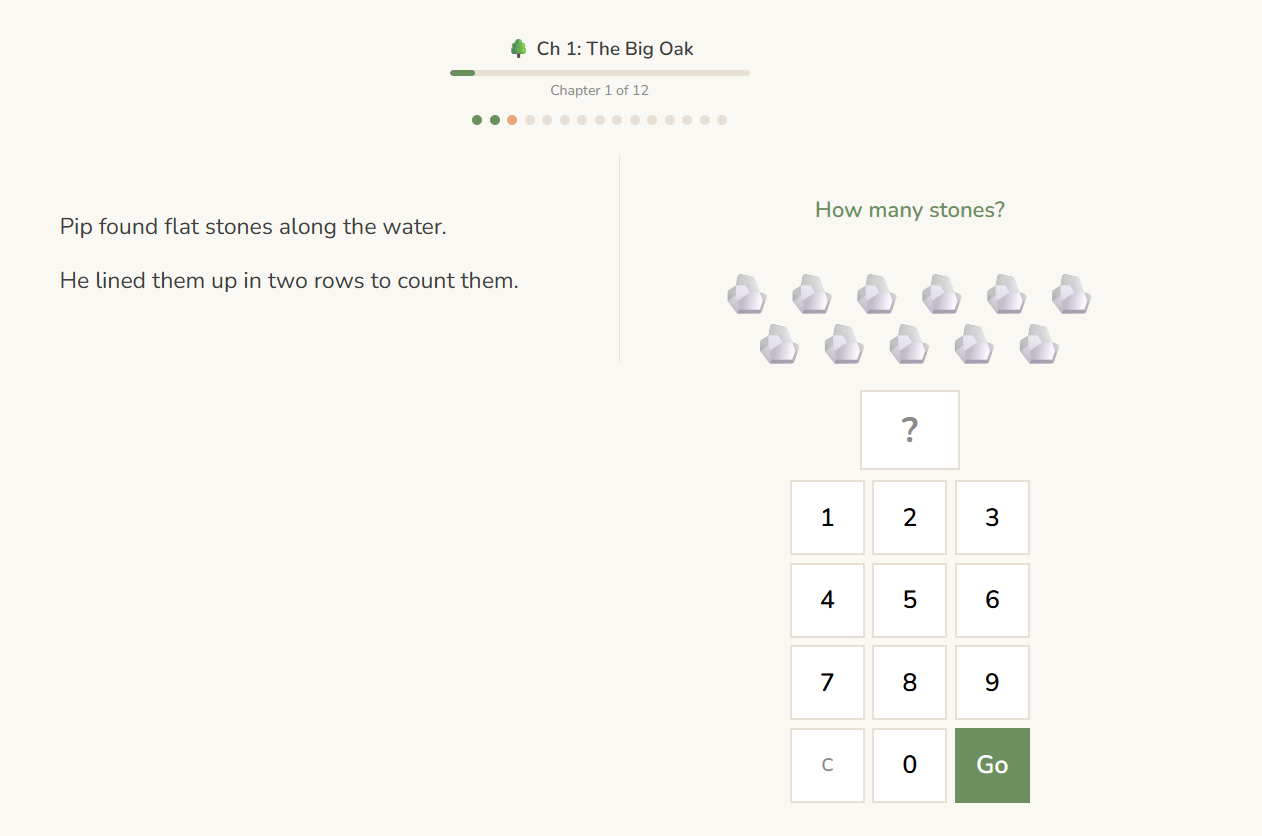 SeedSpark math story: Pip found flat stones along the water. A count scene with 11 stones and a numpad.