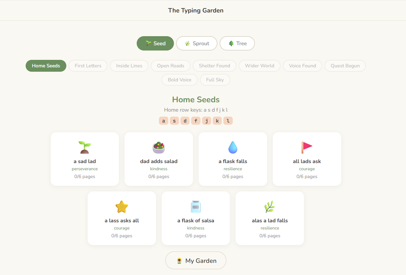 SeedSpark Typing Garden: level selection with Seed, Sprout, and Tree tiers